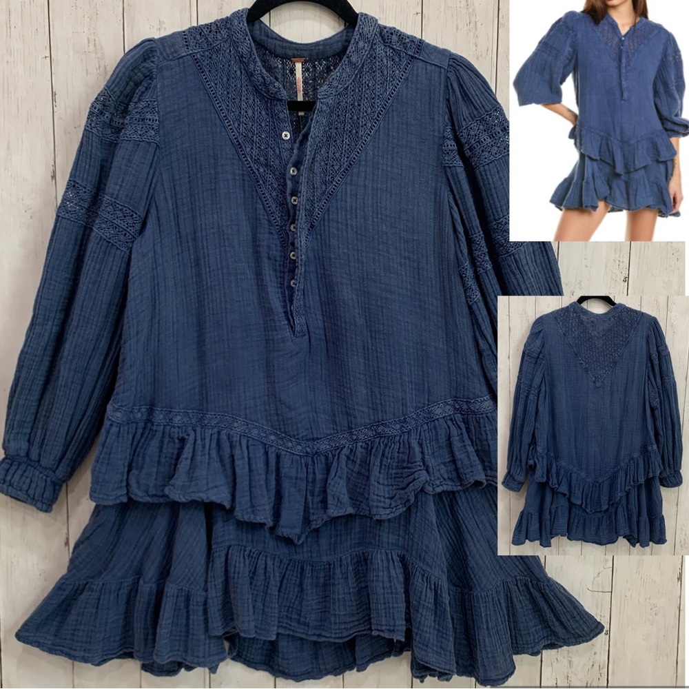 Free People Sachi Ruffle Boho Mini Dress Small Long Sleeve Big Dipper Blue NWT